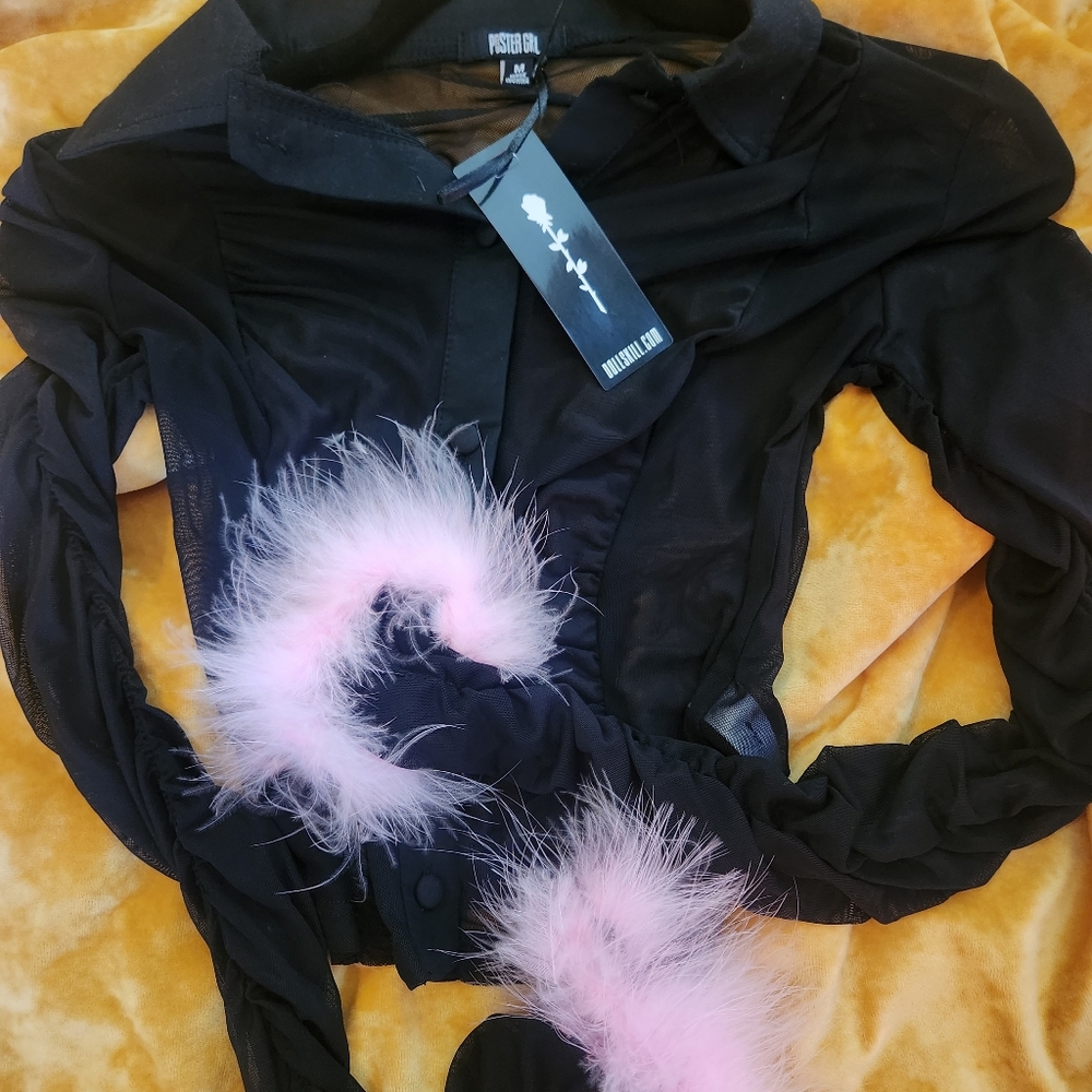 Pink marabou trim buttom up mesh top
